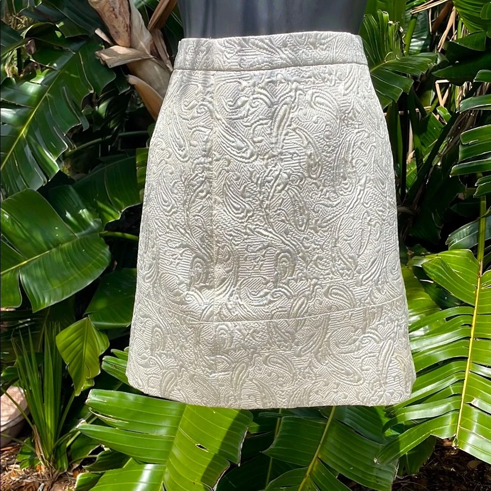 J.Crew platinum, silver brocade, rap style skirt